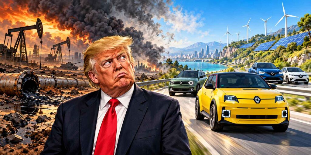 Satirische illustratie van Donald Trump tussen olie-industrie en oorlog, terwijl elektrische auto’s en duurzame energie terrein winnen.